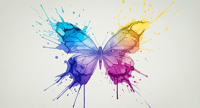 A striking artistic depiction of a butterfly created from vibrant watercolor paint splatters and delicate line work