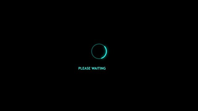 Futuristic loading circle animation with please wait text and pulsating dots on black background waiting