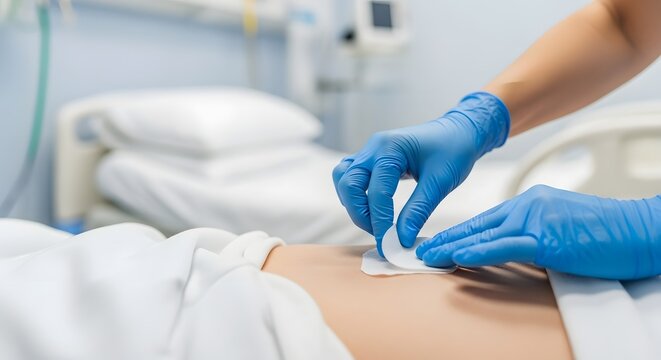 Healthcare professional applying a wound dressing as part of pressure ulcer treatment in a medical facility, showcasing a patient care concept