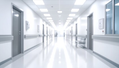 Blurred view of a hospital corridor, long and brightly lit