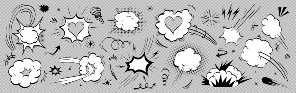 Comic burst effect vector bundle. Speed lines, explosion smoke, impact frame. Pop superhero animation kit with doodle cartoon air elements on like transparent png bg.