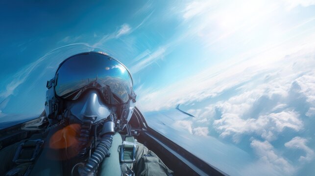 Fighter pilot in cockpit flying aircraft over clouds. Air combat mission and military air force aviation concept.