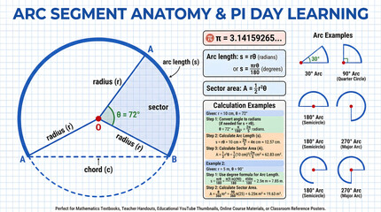 Arc segment anatomy and Pi Day learning experience on clean white background  