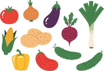 Modern Hand Drawn Vegetable and Salad Icon Set Flat Vector Illustration