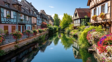 Obraz premium Colorful half-timbered houses line a tranquil canal. Picturesque village architecture with vibrant flowers reflect in water, for travel.