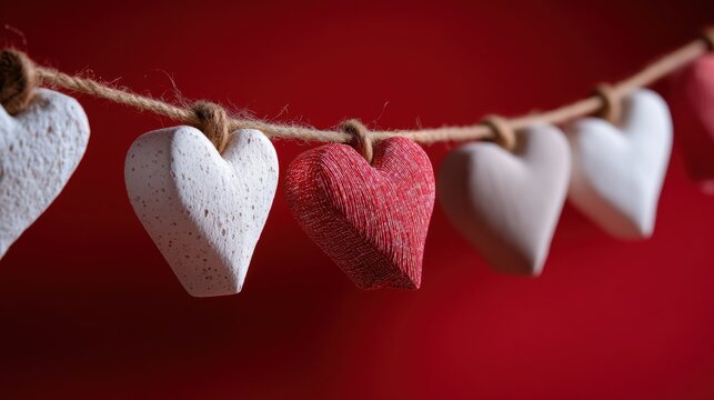 Row of white and red decorative hearts hanging on jute rope against a deep red background. Celebration of love and affection for Valentine day.