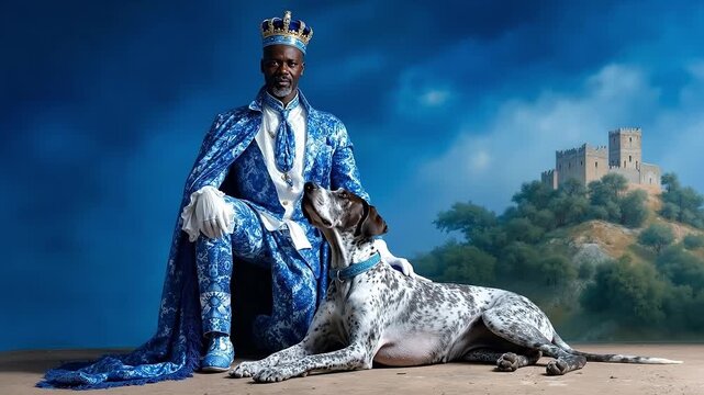 A man in a blue suit sitting next to a large dog