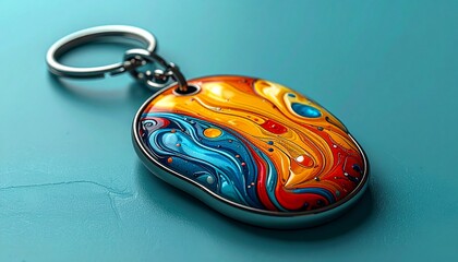 Close-up of a colorful, glossy, oval-shaped keychain