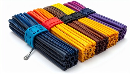 Bundles of colorful, square-tubed items bound by matching colored bands