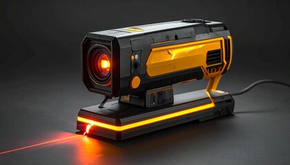 Futuristic tech device emitting a red beam, docked on a glowing base