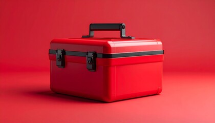 Shiny, red, plastic toolbox with black accents sits on a red surface