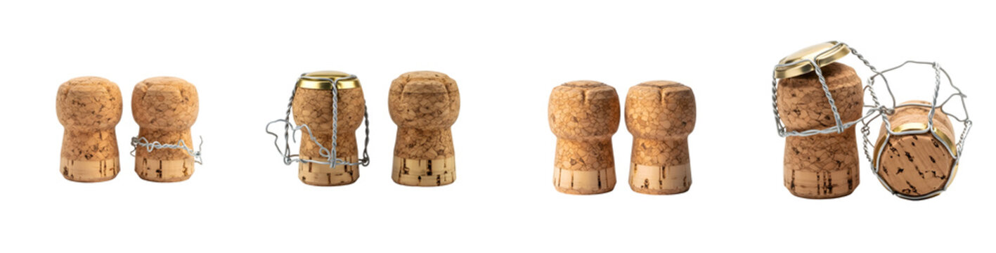 Set of champagne corks with wire cages on a transparent background