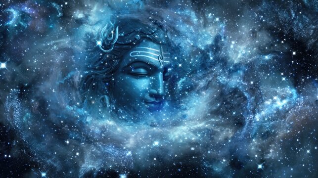 Face of a deity with cosmic stars. Religious spiritual concept. Hindu Lord background. Devotional art for worship.