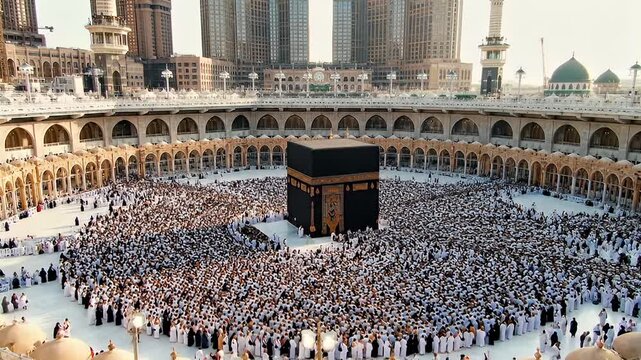Large congregation of Muslim worshippers performing prayer around the Kaaba in Mecca during daytime with wide-angle shot