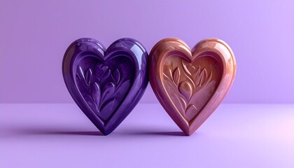 Two ornate hearts, purple and gold, set against a soft violet backdrop