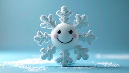 Cheerful, smiling, cartoon snowflake against a soft blue background