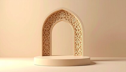 Beige Islamic arch and platform for display against a plain backdrop