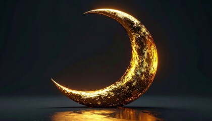 A golden, textured crescent moon against a dark, reflective backdrop