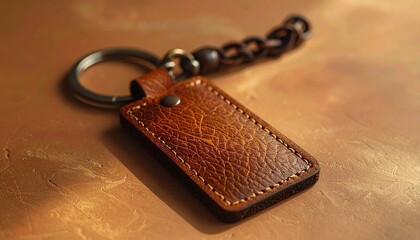 Close-up of a leather keychain, with metal ring and braided cord
