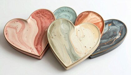 Heart-shaped, swirled ceramic dishes in various pastel colors on white