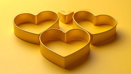 Three gold hearts and a smaller one on a yellow surface
