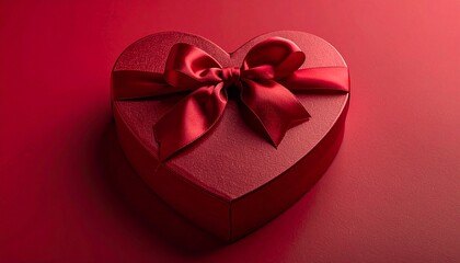 Heart-shaped box with bow, on red surface