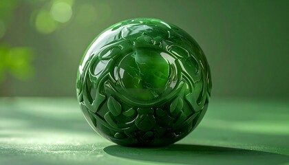 Polished jade sphere carved with intricate floral patterns
