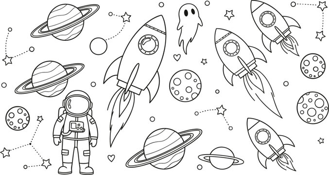 Hand Drawn Space Doodle Vector Illustration with Rockets, Astronaut, Planets, Stars, and Cute Cosmic Elements in Black and White Style