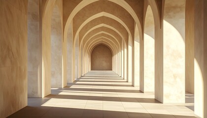 Architectural marvel - A long corridor with repeating arches and shadows.