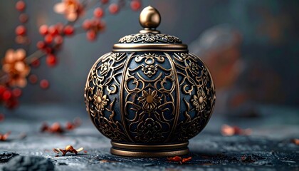 Ornate gold-accented jar with intricate designs, soft blurred background