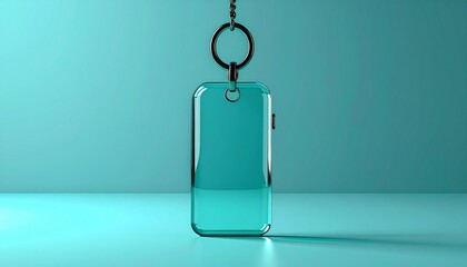 A teal glass rectangular keychain on a matching teal surface