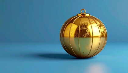 Shiny golden Christmas ornament, reflecting, on a vibrant blue background