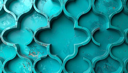 Close-up of turquoise, ornate, geometric wall pattern with intricate details