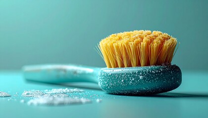 Close-up of a scrub brush with bright yellow bristles, powder around it