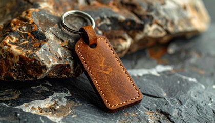Leather keychain rests on rough grey rock with a silver ring