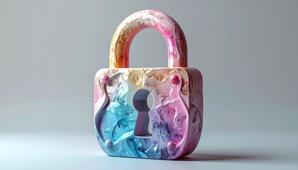 A whimsical, colorful padlock sculpture stands before a neutral background