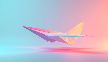 Geometric paper airplane illuminated by soft, colorful neon lights