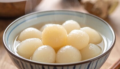 Bowl of peeled lychees in syrup, a refreshing dessert.