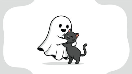 Obraz premium Adorable illustration of a friendly white ghost giving a warm hug to a smiling black cat against a grey background.