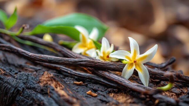 Vanilla flowers and pods on charred wood. Natural ingredient for food flavor or aromatherapy essence. Organic culinary spice.