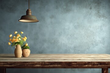 Bright and airy wooden table in a minimalist living room featuring fresh yellow flowers and warm lighting for a cozy atmosphere