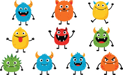 Obraz premium Cute funny monster characters vector set with colorful cartoon creatures, playful expressions, and fantasy design for kids and games in flat style