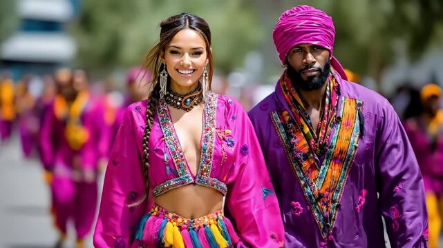 A man and a woman dressed in brightly colored clothing walking down a street