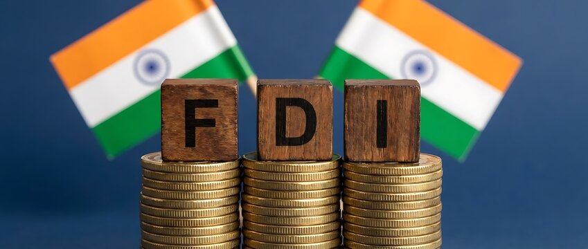 "Foreign Direct Investment Concept with Coin Stacks, FDI Blocks, and Indian Flags in Economic Context"