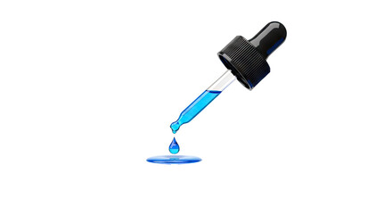 Blue liquid dripping from a laboratory dropper onto a white surface