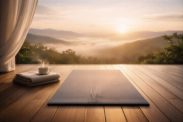 Yoga mat and relaxation space background for wellness, mindfulness, and lifestyle design