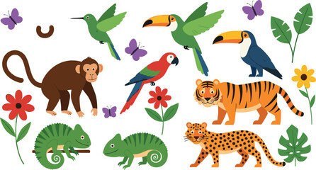 Fototapeta premium Cute tropical jungle animals vector set with monkey, tiger, leopard, chameleon, parrots, toucan, hummingbirds, butterflies, and flowers in flat style