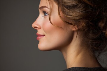 Fototapeta premium Cheerful profile portrait of an attractive young woman with elegant curls against a neutral background capturing a moment of calm