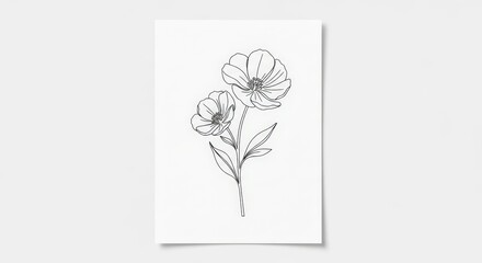 Delicate Botanical Line Art Illustration of Two Blooming Flowers with Leaves