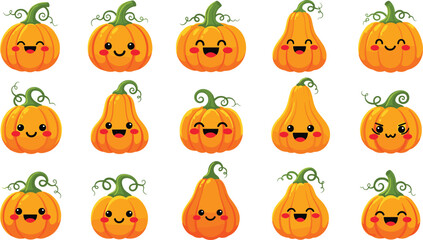 Naklejka premium Cute kawaii pumpkin faces vector set with funny expressions for autumn, Halloween, harvest, and kids seasonal decoration designs in flat style